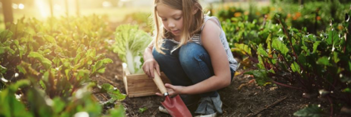 Dieses Bild zeigt ein Mädchen mit einer kleinen Schaufel im Garten.