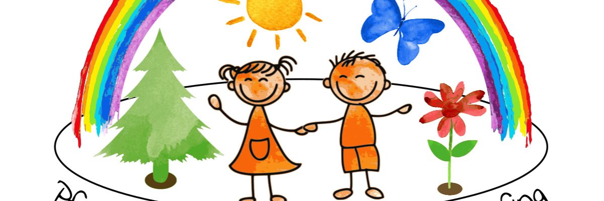 Dieses Bild zeigt 2 Kinder unter einem Regenbogen mit einer Sonne, einem Baum, einer Blume und einem Schmetterling