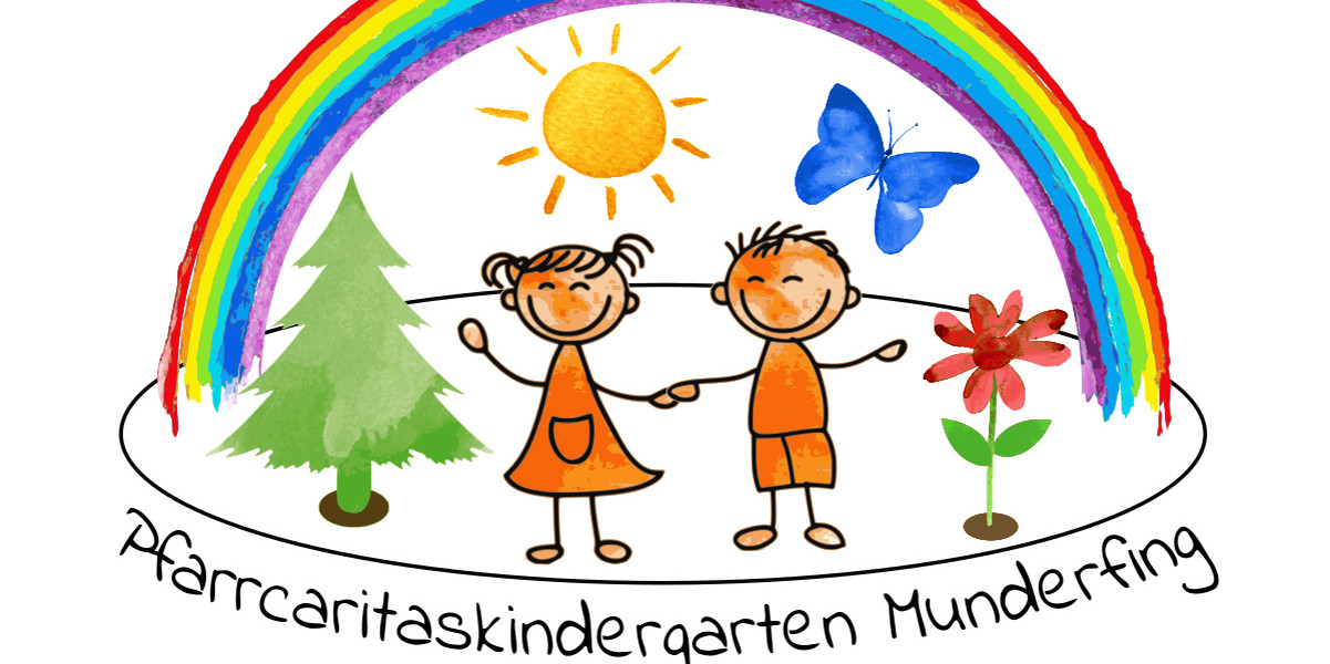 Dieses Bild zeigt 2 Kinder unter einem Regenbogen mit einer Sonne, einem Baum, einer Blume und einem Schmetterling