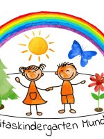 Dieses Bild zeigt 2 Kinder unter einem Regenbogen mit einer Sonne, einem Baum, einer Blume und einem Schmetterling