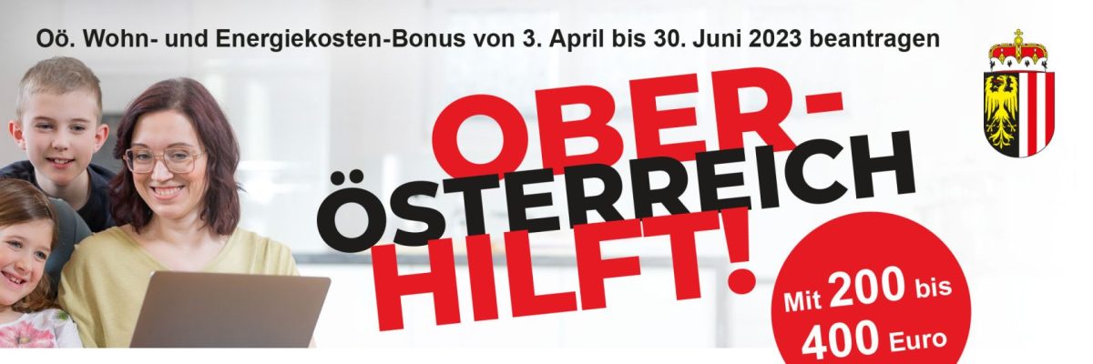 Dieses Bild zeigt eine Werbung für den Oö. Wohn- und Energiekosten-Bonus.