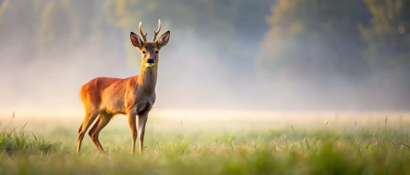 Dieses Bild zeigt ein Reh auf einer Wiese.