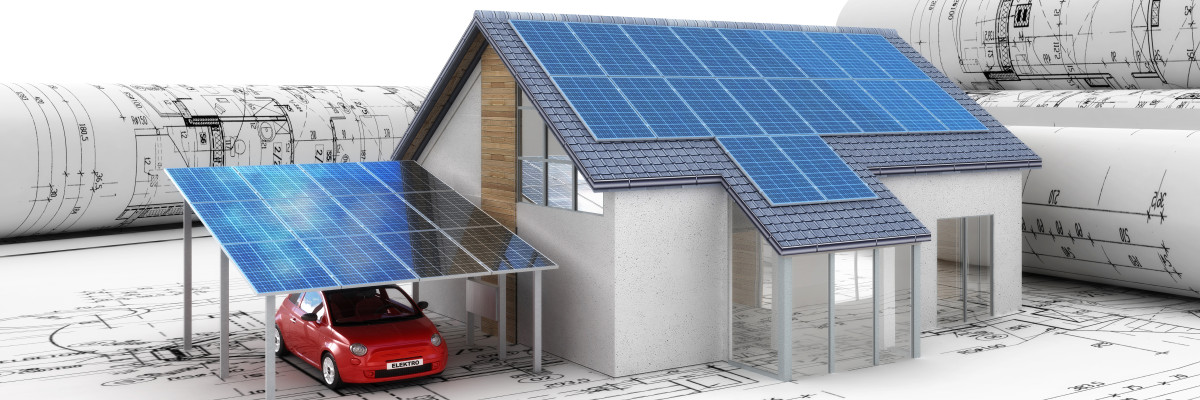 Haus mit Carport mit Photovoltaikanlagen am Dach.