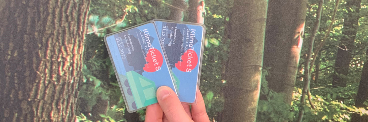 Hand hält Klimaticket Salzburg Classic Plus mit Waldhintergrund