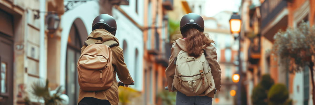 Zwei Schulkinder auf einen E-Scooter mit Helm