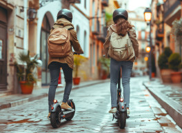 Zwei Schulkinder auf einen E-Scooter mit Helm